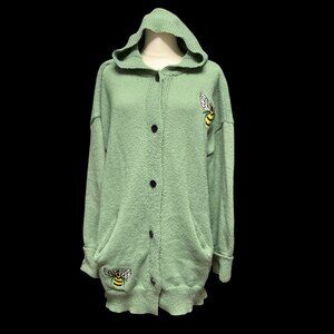 Green Knit Hooded Cardigan w/ Bee Embroidery